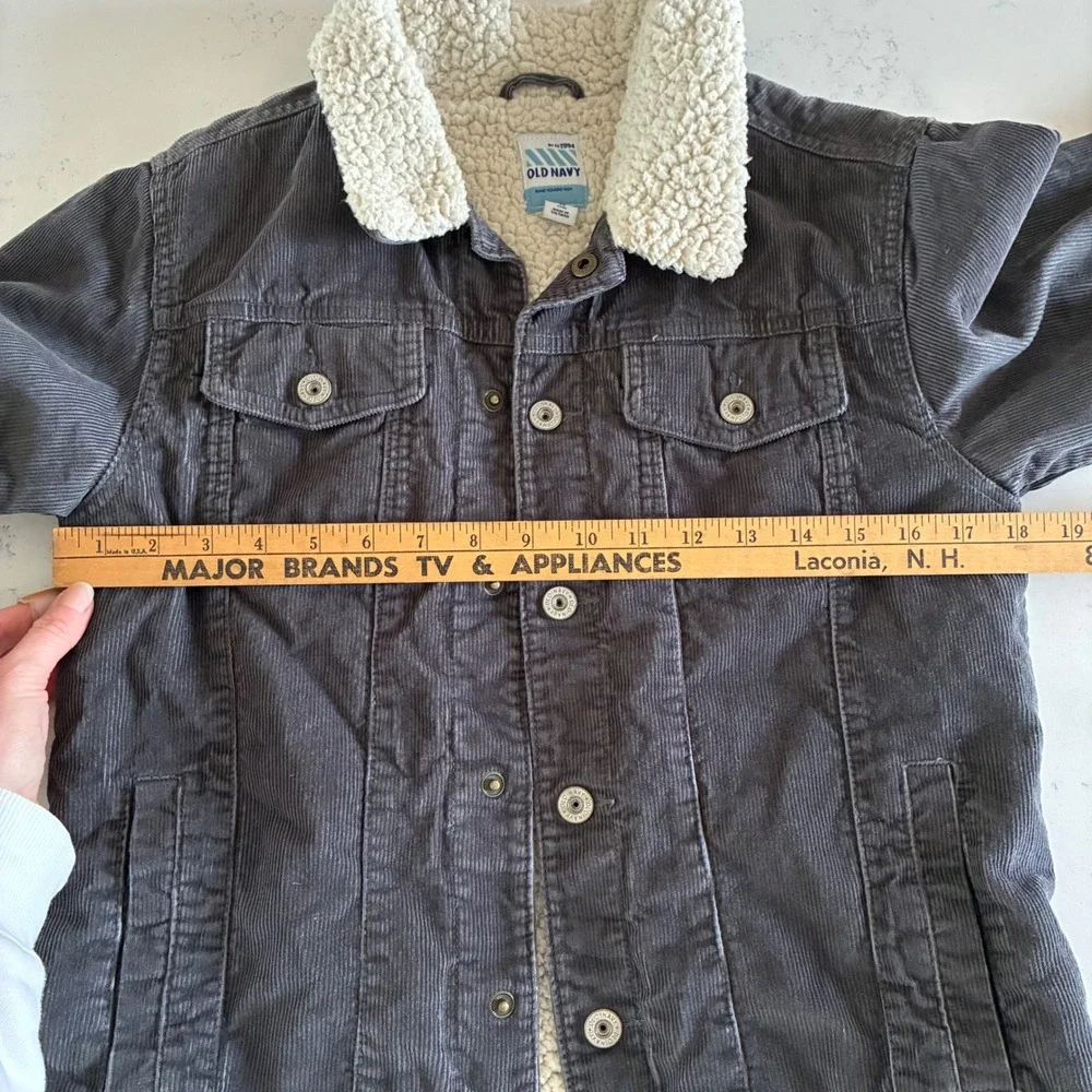 Old Navy Corduroy Trucker Jacket Boys XL14 Gray Sherpa Lined Button Coat Vtg Y2K